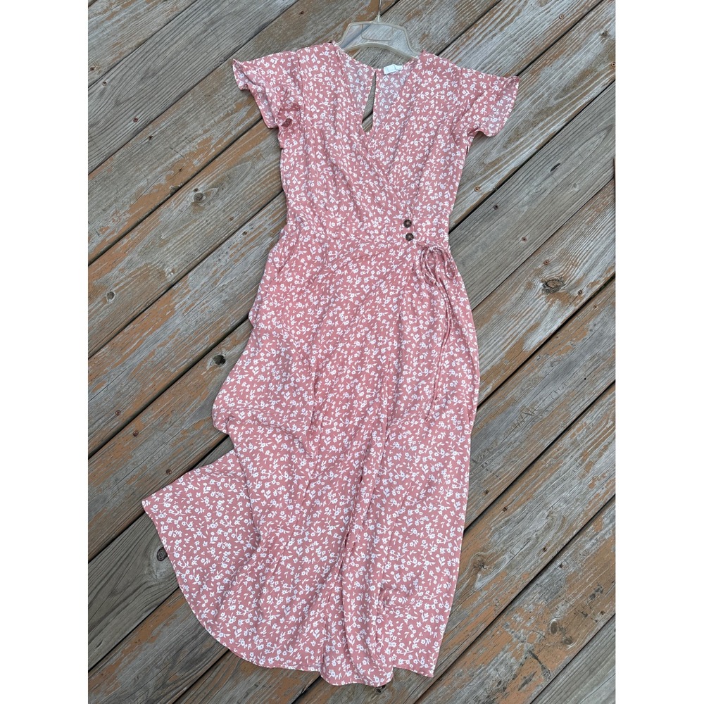 Sienna Sky Women Pink Floral Faux Wrap Midi Dress Smocked Back Flutter Sleeve M